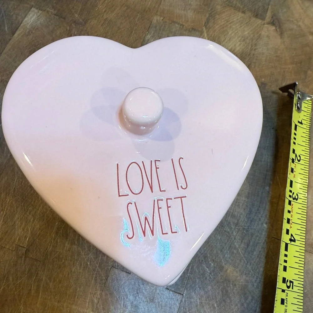 Rae Dunn Pink Heart Shaped Trinket Box “Love is Sweet” jewelry Dish with Lid